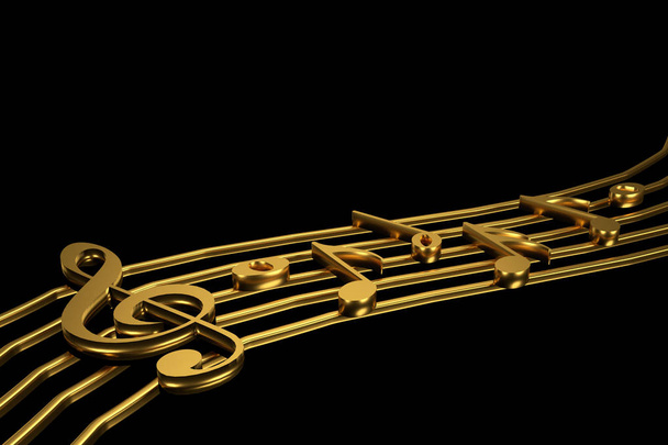 Złoty klucz wiolinowy i notacji muzycznej. renderowania 3D. - Zdjęcie, obraz