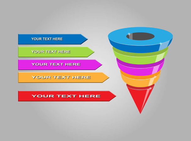 Infographics of lead generation, sales funnel with arrows for presentations of applications and websites, 3D simulation - Vetor, Imagem