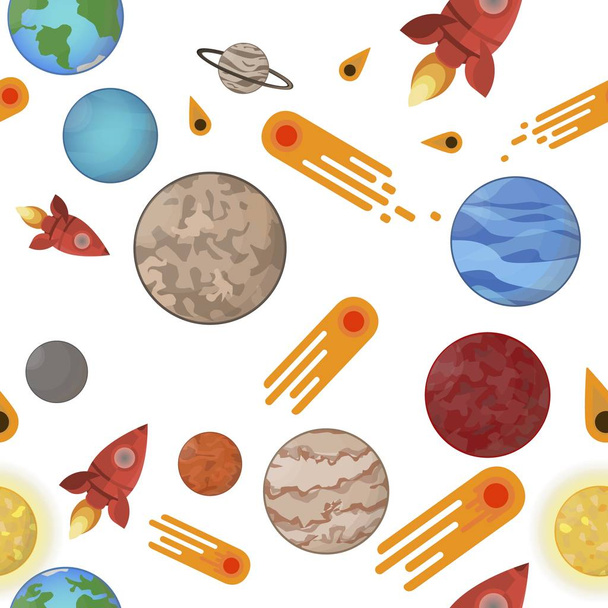 space seamless pattern. Planets with comets and rocket - Vector, Image