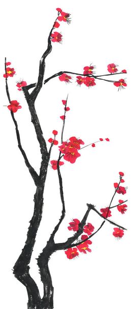 A branch of a blossoming sakura. Pink and red stylized flowers of plum mei and  wild cherry . Watercolor and ink illustration of tree in style sumi-e, go-hua,  u-sin. Oriental traditional painting. - Fotó, kép