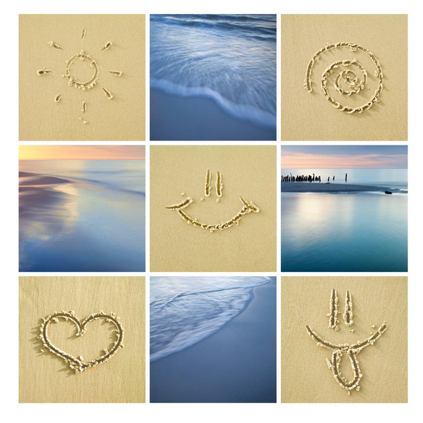 Színes mozaik néhány gyönyörű utazás fotók tengerre néző és különböző jelek homokon  - Fotó, kép