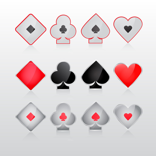 Set of shiny card suit icons in black and red, vector illustration - Vector, Image