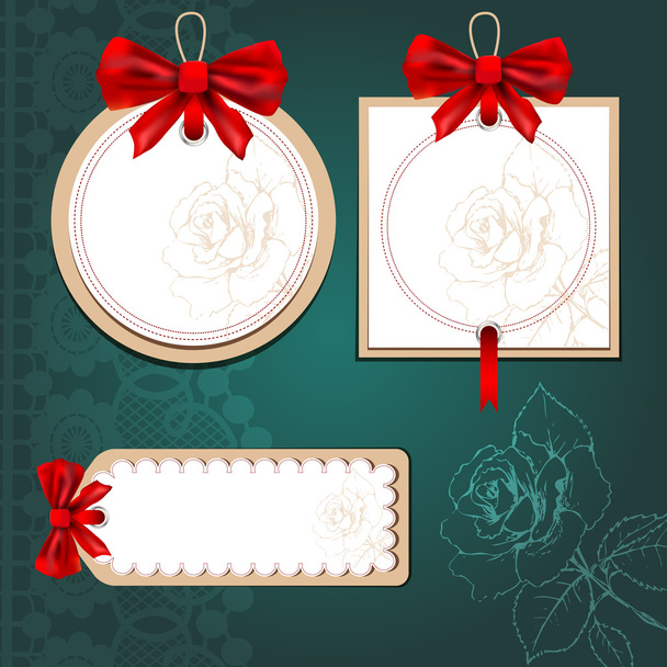 Set of beautiful cards with red gift bows - Vector, Image