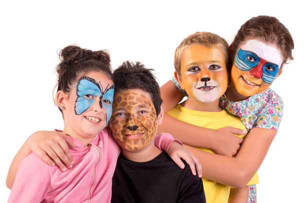 Children with animal face-paint isolated in white - Фото, изображение
