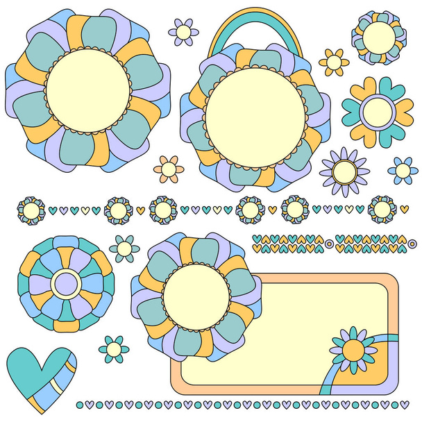 Etiquetas coloridas pastel, guarnições e decorações com flores e corações
 - Vetor, Imagem