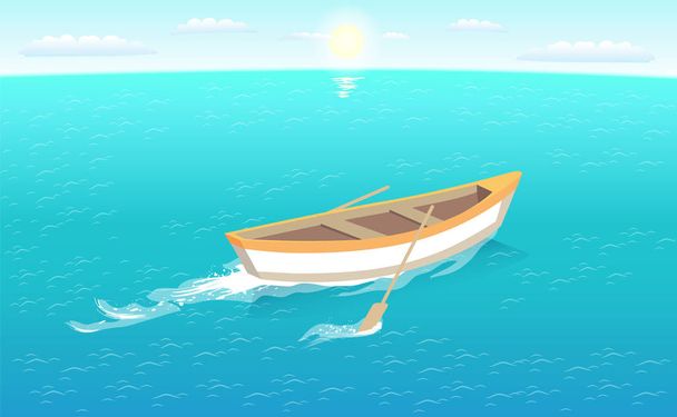 Fishing Boat with oars Leave Trace in Sea or ocean - Vector, Image