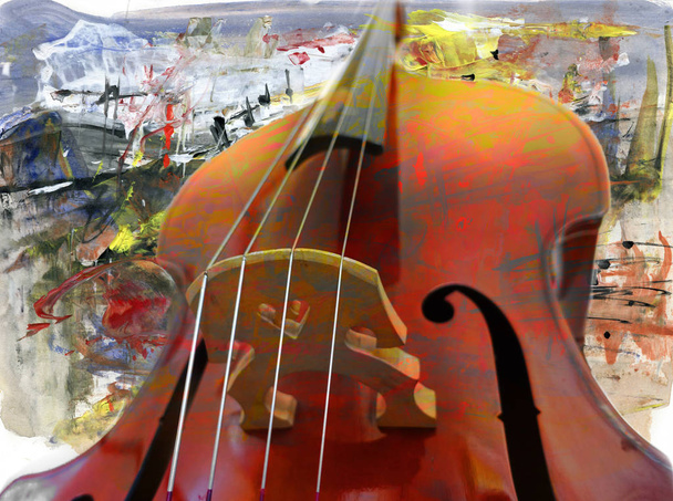 Kontrabas i abstrakcyjne obrazy akrylowe, artystyczne tło z motywem muzycznym - Zdjęcie, obraz