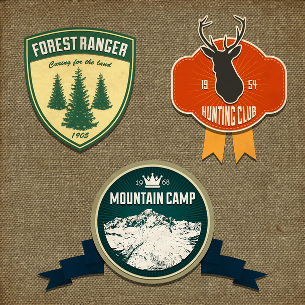 Set of outdoor adventure badges and hunting logo emblems. Vector illustration - Vector, Image