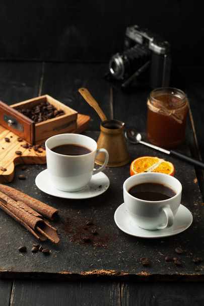 Cup of coffee, cinnamon and beans. Coffee break. - Photo, Image