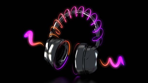 headphones and neon lights 3d rendering - Zdjęcie, obraz