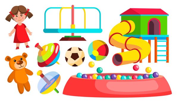 Playground Toys Vector. Doll, Ball, Bear, Carousel, Attraction. Isolated Flat Cartoon Illustration - Vector, Image