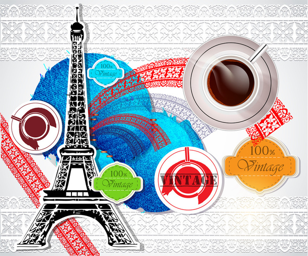 Eiffel tower and coffee over vintage background. vector illustration - Vector, Image