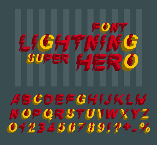 雷のスーパー ヒーローのフォントです。3 d のアルファベット文字と数字のコミック スタイル. - ベクター画像