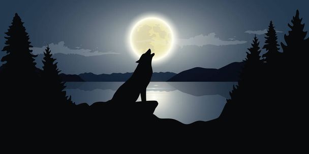 wolf is howling to the full moon by the lake - Vector, Image