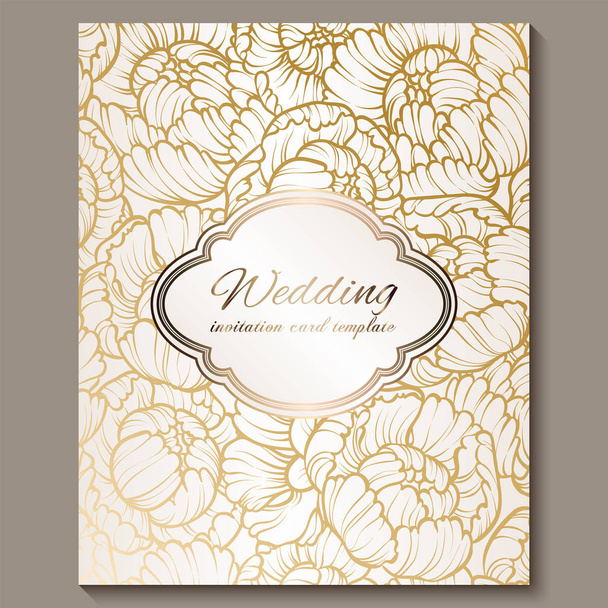 Starožitné royal luxusní svatební oznámení, zlata na bílém pozadí s rámem a místo pro text, krajkové zeleň z růží nebo pivoňky s lesklou gradientu. - Vektor, obrázek
