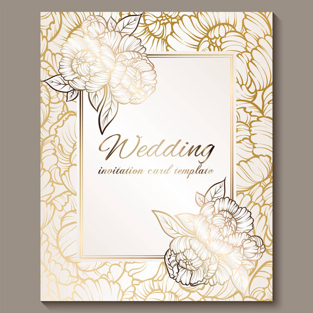 Antique royal luxury wedding invitation, gold on white background with frame and place for text, lacy foliage made of roses or peonies with shiny gradient. - Vetor, Imagem