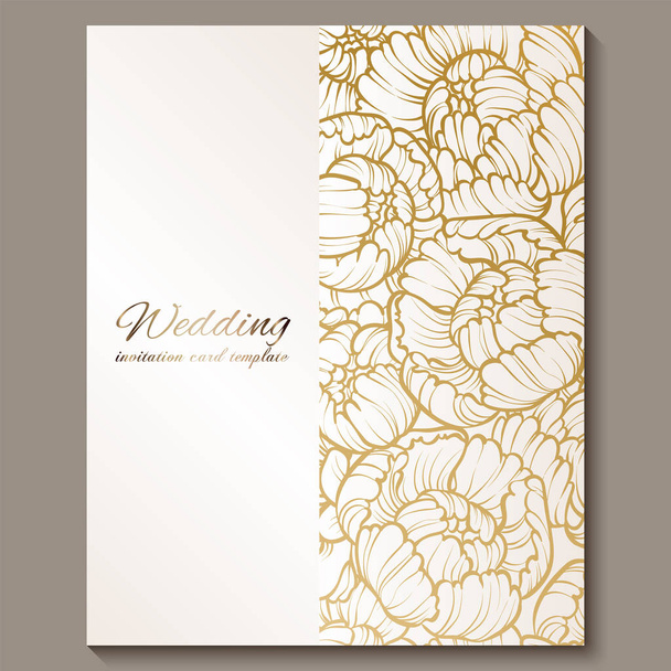 Antik royal luxus esküvői meghívó, arany, fehér háttér a váz és helyét a szöveg, csipkés lombozat rózsák vagy a pünkösdi rózsa, fényes színátmenettel. - Vektor, kép