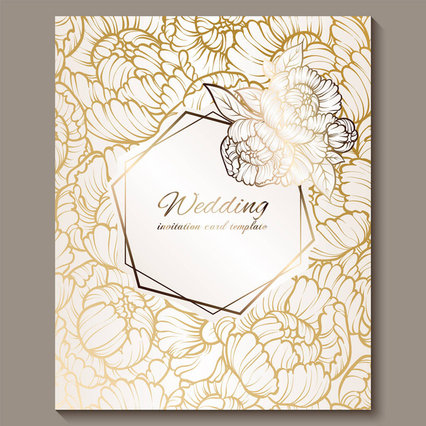 Antieke Koninklijke luxe bruiloft uitnodiging, goud op witte achtergrond met frame en plaats voor tekst, lacy loof gemaakt van rozen of pioenrozen met glanzende verloop. - Vector, afbeelding