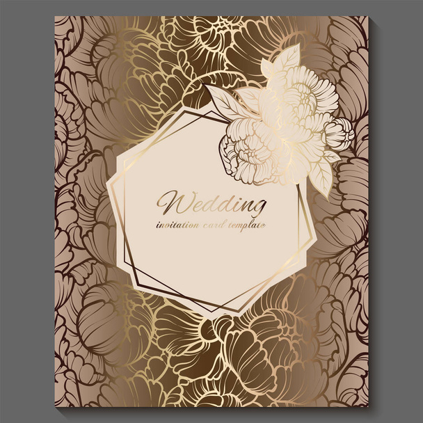 Antieke Koninklijke luxe bruiloft uitnodiging, goud op witte achtergrond met frame en plaats voor tekst, lacy loof gemaakt van rozen of pioenrozen met glanzende verloop. - Vector, afbeelding