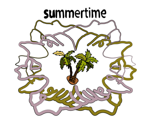 El logotipo de la hora de verano con una palmera en el centro y en el borde del marco proviene de un rectángulo irregular
 - Vector, imagen