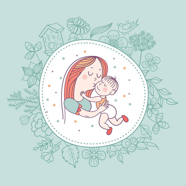 Greeting card mother's day. A pretty mother holds cute baby. Linear illustration. Vector emblem. The floral pattern. - Vector, Image