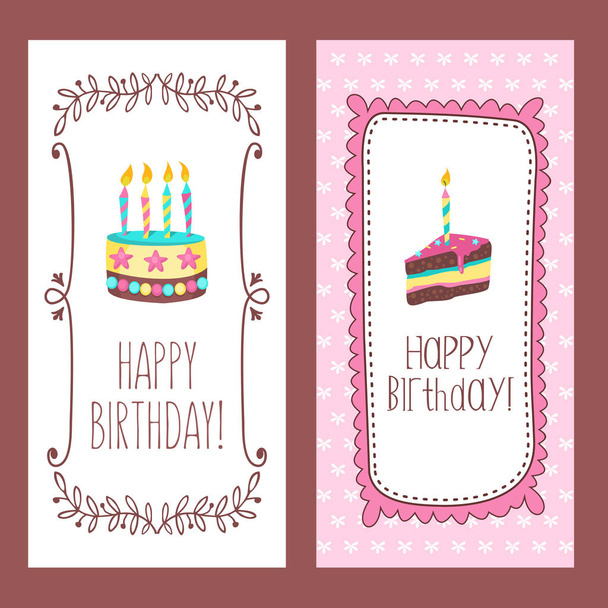 Congratulations on your birthday. Beautiful cute cakes and candlelight cakes. Hand drawn frames. Vector illustration. - Vektor, obrázek