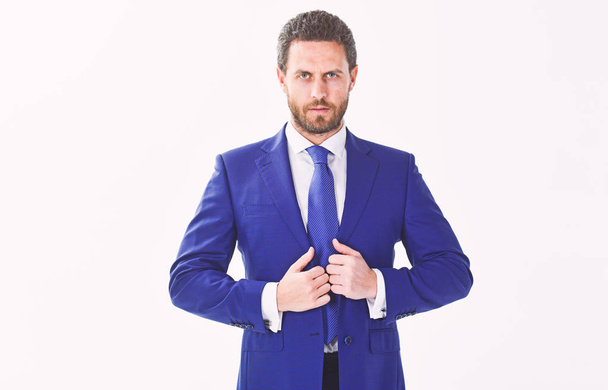 Confident businessman isolated on white background. Bearded businessman in formal suit. Successful businessman get ready for conference. Serious motivated focused entrepreneur. Businessman concept - Φωτογραφία, εικόνα