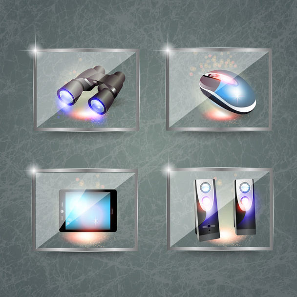 Set of computers icons and binoculars - Vector, Image