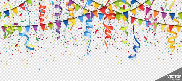 illusztráció zökkenőmentes színes konfetti, koszorúk és szalagok háttér párt vagy karnevál használat átláthatóság vektor fájl - Vektor, kép