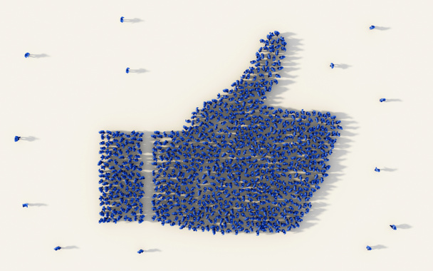 Большая группа людей, формирующих иконку большого пальца вверх в бизнесе, как кнопка в социальных сетях, и концепция сообщества на белом фоне. 3d знак толпы иллюстрации сверху собрались вместе
 - Фото, изображение