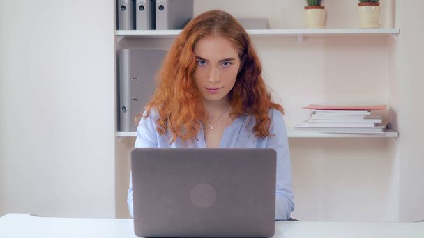 Mujer joven con pelo rizado trabajo en PC
. - Foto, imagen