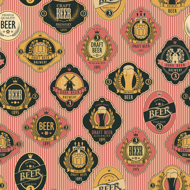 Vector seamless pattern on the theme of beer with various beer labels with images of barrels, beer glasses, mills, laurel wreathes, ears of wheat and other in retro style on the striped background - Vector, Image