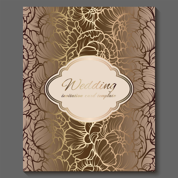 Antique royal luxury wedding invitation, gold on white background with frame and place for text, lacy foliage made of roses or peonies with shiny gradient. - Vector, Image