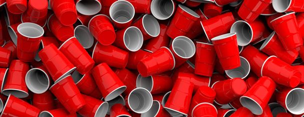 Plastique rouge blanc couleur tasses jetables pile fond, texture, bannière. Illustration 3d
 - Photo, image