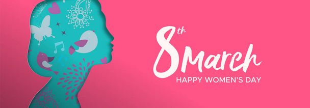Happy Womens Day web banner illustration. Paper cut girl silhouette cutout with hand drawn spring and flower doodles, beautiful woman for female rights event.  - Διάνυσμα, εικόνα
