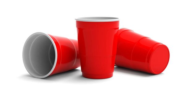 Plastic red color cups, disposable isolated on white background. 3d illustration - Foto, imagen
