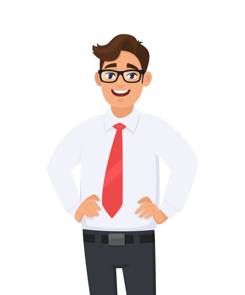 Портрет молодого бізнесмена в білій сорочці і червоній краватці, тримаючи руку на стегні, що стоїть на білому тлі. Людські емоції та концепція бізнесмена ілюстрація в векторному мультиплікаційному плоскому стилі
. - Вектор, зображення