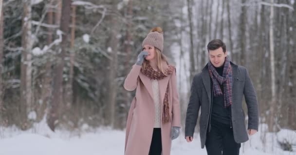 雪に覆われた冬の森、コートやマフラーを着た若い男女が歩くと楽しい。愛するカップルが一緒に過ごすバレンタインの日. - 映像、動画