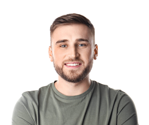 Young man with healthy teeth on white background - Photo, Image