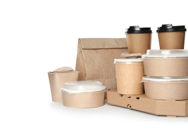 Different containers on white background, mockup for design. Food delivery - Foto, imagen
