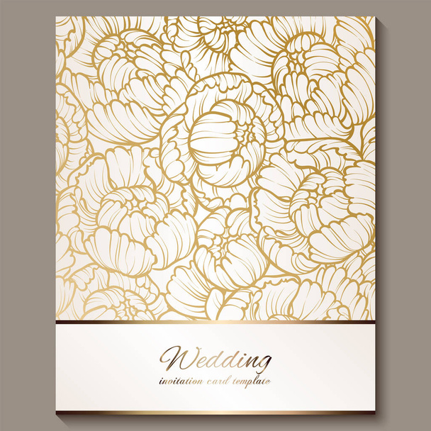 Αντίκες πολυτελή βασιλική προσκλητήριο γάμου χρυσό σε λευκό φόντο με σκελετό και θέση για κείμενο, δαντελωτές φύλλωμα από τριαντάφυλλα ή παιώνιες με λαμπερά ντεγκραντέ. - Διάνυσμα, εικόνα