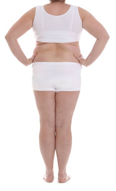 Overweight woman on white background, closeup. Weight loss - Fotoğraf, Görsel