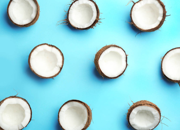 Coconut pattern on color background, flat lay - Photo, image