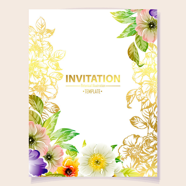 vector illustration of colored invitation card, vintage style flowers pattern - Vector, Image