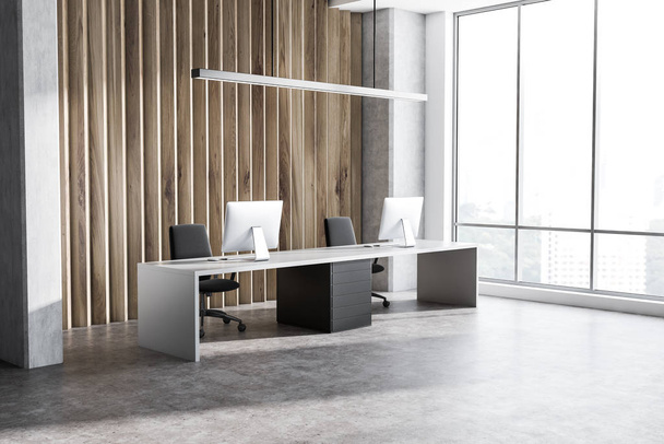 Corner of manager office with concrete and wooden walls, stone floor, panoramic window and long white and black table with computers and black chairs. 3d rendering - Φωτογραφία, εικόνα