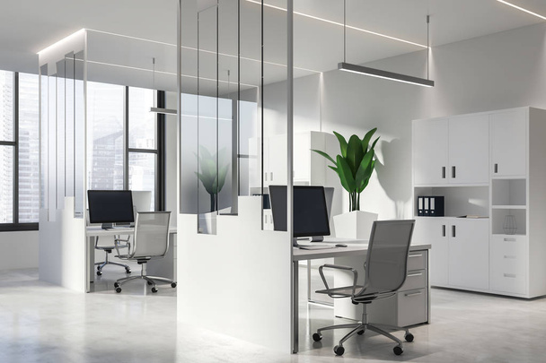 Interior of modern office with white and glass walls, concrete floor, large windows, white computer tables with metal chairs and bookcases with folders. 3d rendering - Fotó, kép