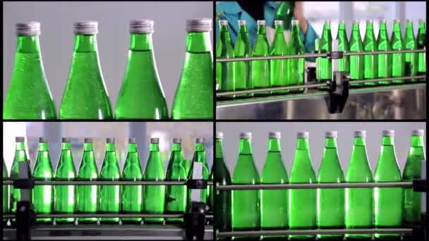 Collage Linie der Wasserproduktion. grüne Flaschen für Mineralwasser bewegen sich entlang der automatischen Produktionslinie. Wasserleitung - Filmmaterial, Video
