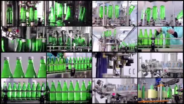 koláž linie z vody. Zelené lahve na minerálky se pohybují podél automatické výrobní linky. Vodní linie - Záběry, video