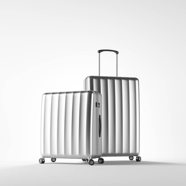 Two stylish silver suitcases standing over white background. Concept of tourism and travelling. 3d rendering - Foto, afbeelding