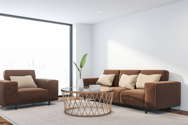 Narożnik loft pokój dzienny z białe ściany, drewniane podłogi, brązowy sofa i fotel stojący w pobliżu okrągły stolik na biały dywan. renderowania 3D - Zdjęcie, obraz